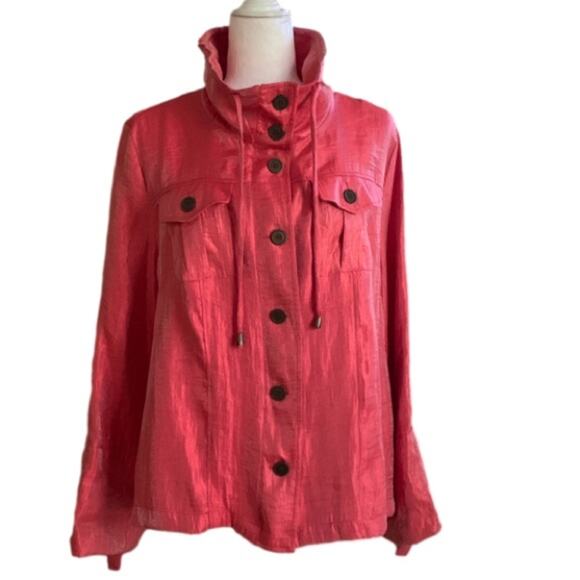 Elementz Blouse Jacket Shacket Orange Coral Shimmer Roll Tab Sleeves Large - Picture 3 of 13